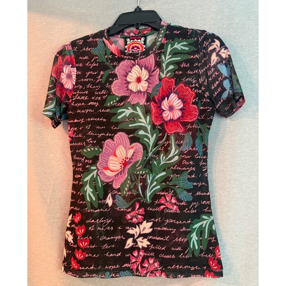 Johnny Was Mesh Top Womens Small Black Floral Script Sheer Short Sleeve Top
